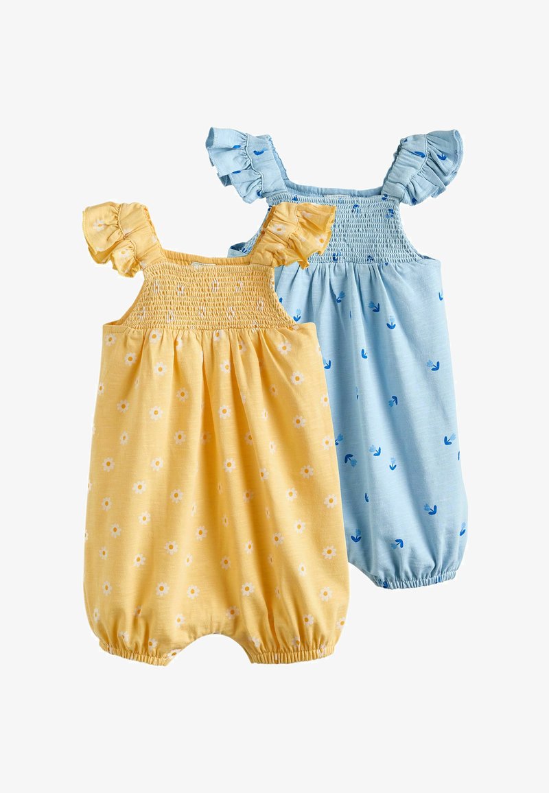 Barboteuses bébé sans manches jaunes et bleues avec bretelles à volants et corsages smockés, ornées de petits motifs de fleurs et de feuilles.