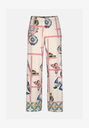 Wijde broekspijpen in een crèmekleurige stof met kleurrijke bloem- en vogelprints. Het ontwerp bevat roze rasterlijnen en patroonaccenten aan de zoom.