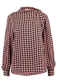 Långärmad skjorta i rosa och svart houndstooth-mönster, med rundad halsringning och något längre bakstycke. Mjuk textileffekt.