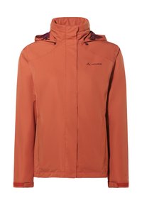Giacca impermeabile arancione con colletto alto, cappuccio incorporato e branding discreto. Presenta un tessuto leggero e testurizzato con maniche lunghe.