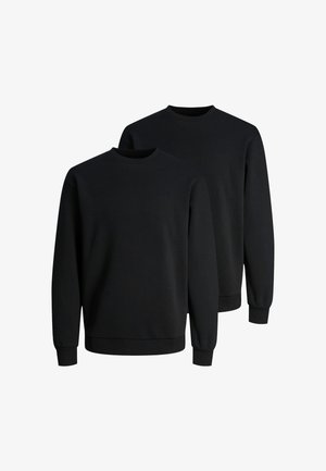 Twee zwarte katoenen sweatshirts met ronde hals, lange mouwen en ribgebreide manchetten en hems, met een eenvoudig en klassiek ontwerp.