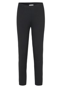 Zwarte leggings van een rekbare katoenmix, met een elastische tailleband en een aansluitend ontwerp, met een gladde textuur en zonder zichtbare patronen.