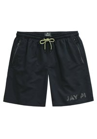 Bermudas de baño negras con cintura elástica, cordón verde ajustable, bolsillos laterales con cremallera y logo "JAY-PI" en la pierna.