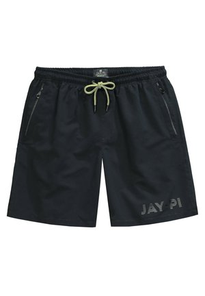 Sorte svøm Shorts med elastisk talje, justerbar grøn snor, sidelommer med lynlås og "JAY-PI" logo på benet.