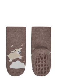 Braune Knöchelsocken mit einem springenden Hasen und Wolken-Design; gummierte Struktursohle für Halt; weicher Strickstoff mit dezenten Mustern.