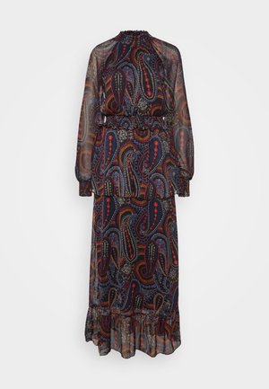 Maxi šaty z priesvitnej námorníckej látky s paisley vzorom v červenej, žltej a modrej farbe, s volánovým okrajom a elastickým pásom.