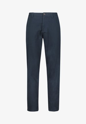 Chino bleu marine en tissu mélangé de coton, avec une coupe slim, fermeture à bouton, poches avant et une texture lisse et mate.
