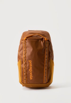 Mochila Patagonia marrón y amarilla con asa de transporte frontal y marca vertical sobre fondo liso.
