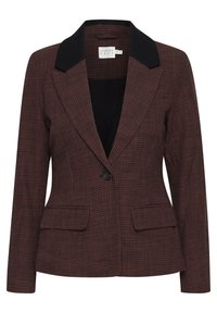 Blazer à carreaux marron avec revers noirs, deux poches avant, fermeture à un bouton, et une texture lisse. Design simple et ajusté.