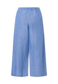 Lichtblauwe wijde broek met witte verticale strepen, voorzien van een elastische tailleband en een gladde textuur. Geen zichtbare zakken.