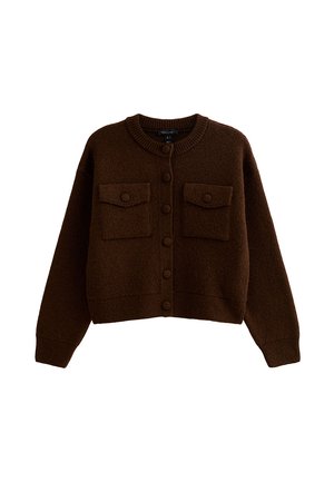 Bruine gebreide cardigan met een ronde halslijn, knoopsluiting aan de voorkant en twee borstzakken met knoopflappen. Getextureerde wollen stof.