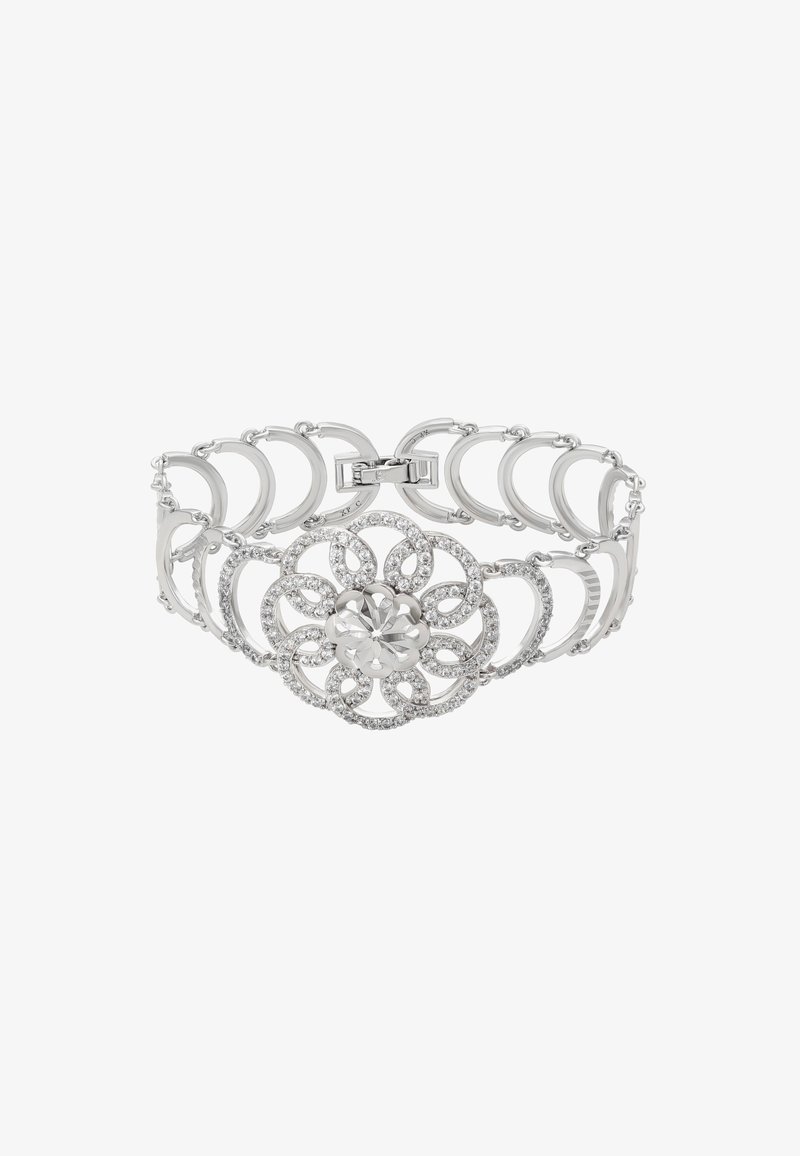 Hõbedane käevõru, millel on omavahel põimunud lingid ja lillekeskmine osa. Lillel on ümmargused ja marquise lõikega selged kivid, luues särava efekti.