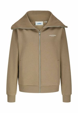 Sweat à capuche marron avec fermeture éclair, grand col côtelé, texture subtile, logo brodé sur la poitrine et poches latérales.
