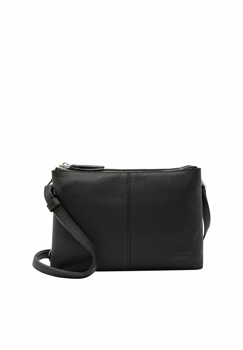 Borsa a tracolla in pelle nera con finitura texturizzata, chiusura a zip, tracolla regolabile e branding discreto sul lato.