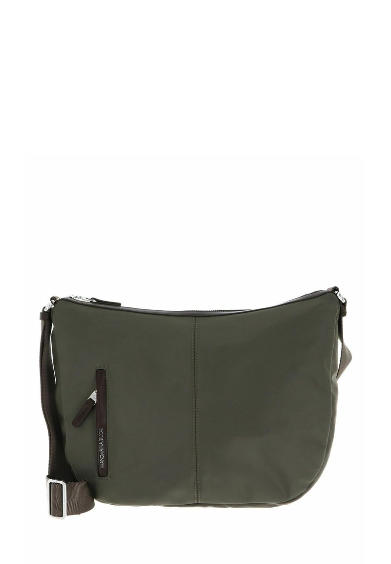Borsa a tracolla verde in nylon con chiusura a zip, dotata di una tasca frontale, tracolla regolabile e texture liscia. Accenti in marrone scuro.