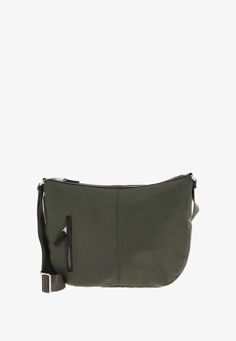 Borsa a tracolla verde in nylon con chiusura a zip, dotata di una tasca frontale, tracolla regolabile e texture liscia. Accenti in marrone scuro.