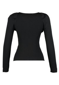 Zwart geribd top met lange mouwen, voorzien van een getailleerde pasvorm, ronde halslijn en pofschouderaccenten voor extra detail.