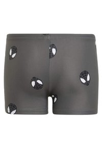 Pantaloni corti grigi elasticizzati con un motivo ripetuto di simboli di ragni neri con accenti bianchi sugli occhi; texture liscia e design aderente.