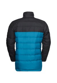 Giacca imbottita con parte superiore nera e parte inferiore teal, con motivo trapuntato orizzontale e colletto alto. Realizzata in materiale leggero.