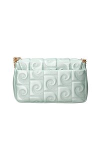 Borsa a tracolla verde menta imbottita con forma rettangolare, caratterizzata da motivi a spirale, una finitura lucida e una tracolla in metal e oro.