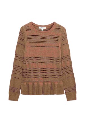 Maglione marrone lavorato a maglia con righe orizzontali traforate, maniche lunghe, collo alla marinara e orlo e polsini a coste.