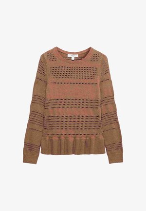 Maglione marrone lavorato a maglia con righe orizzontali traforate, maniche lunghe, collo alla marinara e orlo e polsini a coste.