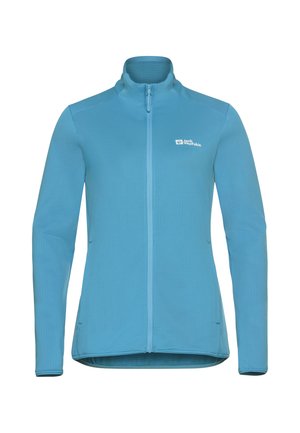 Lichtblauwe ritsjack gemaakt van textuurstof, met lange mouwen, een hoge kraag en een klein logo op de linker borst.