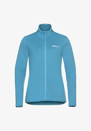 Lichtblauwe ritsjack gemaakt van textuurstof, met lange mouwen, een hoge kraag en een klein logo op de linker borst.