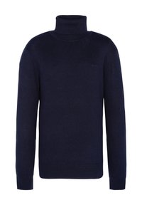 Dunkelblauer Rollkragenpullover aus weichem Strickmaterial, mit langen Ärmeln, gerippten Bündchen und einem minimalistischen Logo-Label auf der Brust.