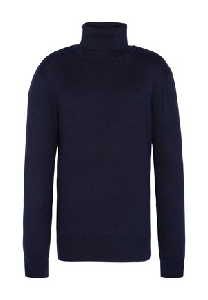 Pull à col roulé bleu marine en maille douce, avec des manches longues, des poignets côtelés et un accent de logo minimaliste sur la poitrine.
