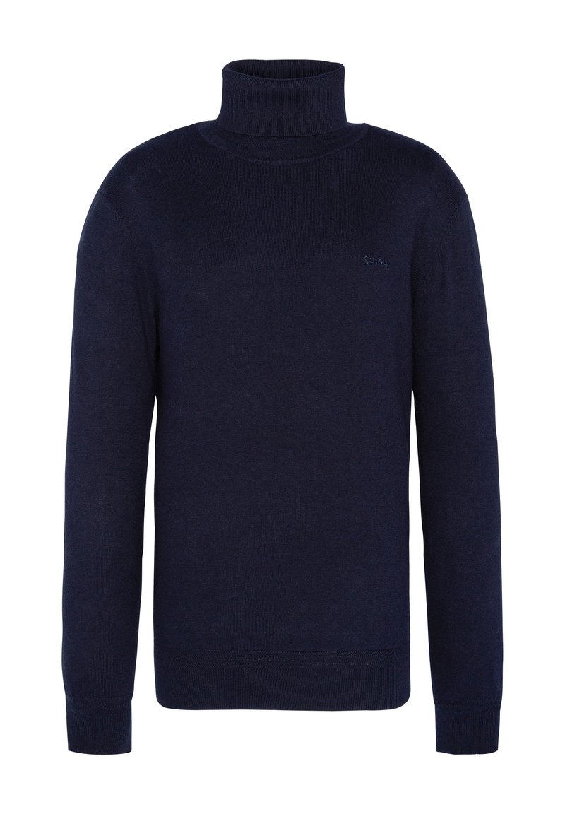Dunkelblauer Rollkragenpullover aus weichem Strickmaterial, mit langen Ärmeln, gerippten Bündchen und einem minimalistischen Logo-Label auf der Brust.