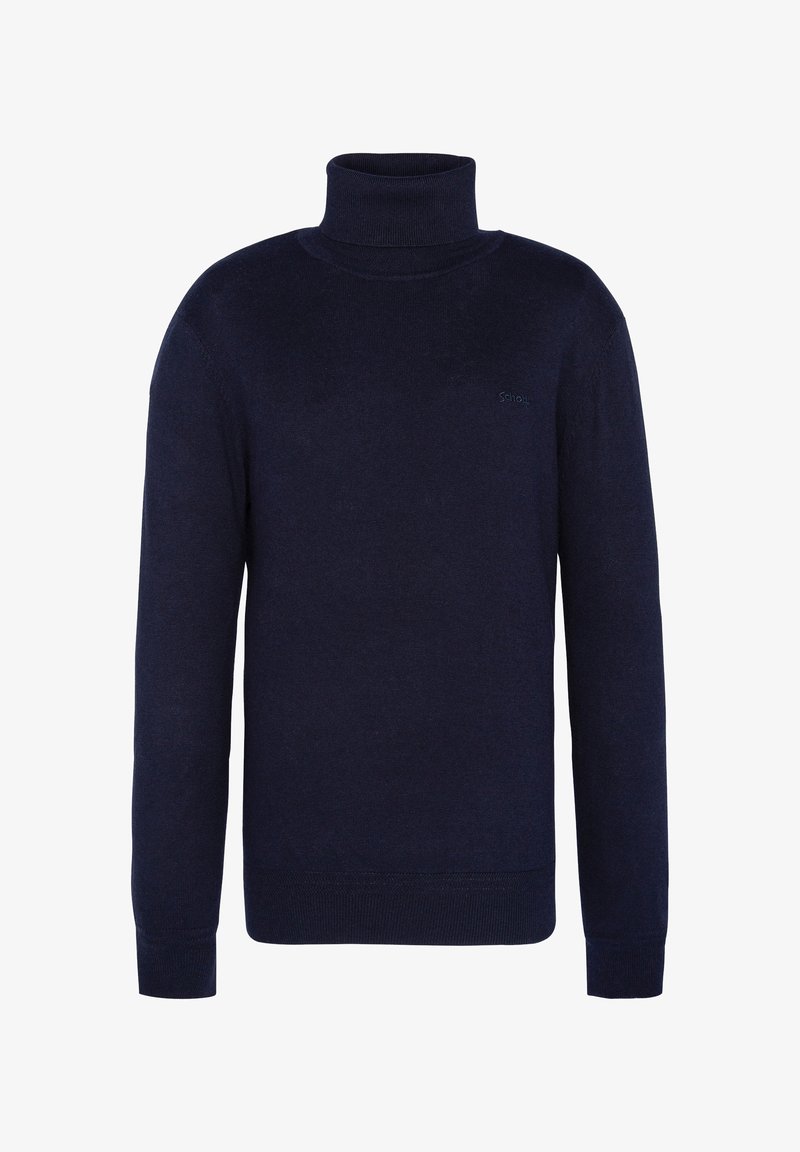 Dunkelblauer Rollkragenpullover aus weichem Strickmaterial, mit langen Ärmeln, gerippten Bündchen und einem minimalistischen Logo-Label auf der Brust.