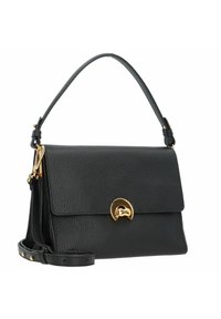 Borsa a tracolla nera in pelle con finitura testurizzata e hardware dorato. Presenta un flap anteriore piatto, una maniglia superiore e una tracolla rimovibile.