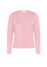 Rosa cardigan i ett mjukt, lätt tyg. Har långa ärmar, rund halsringning och framknäppning med pärlliknande knappar.
