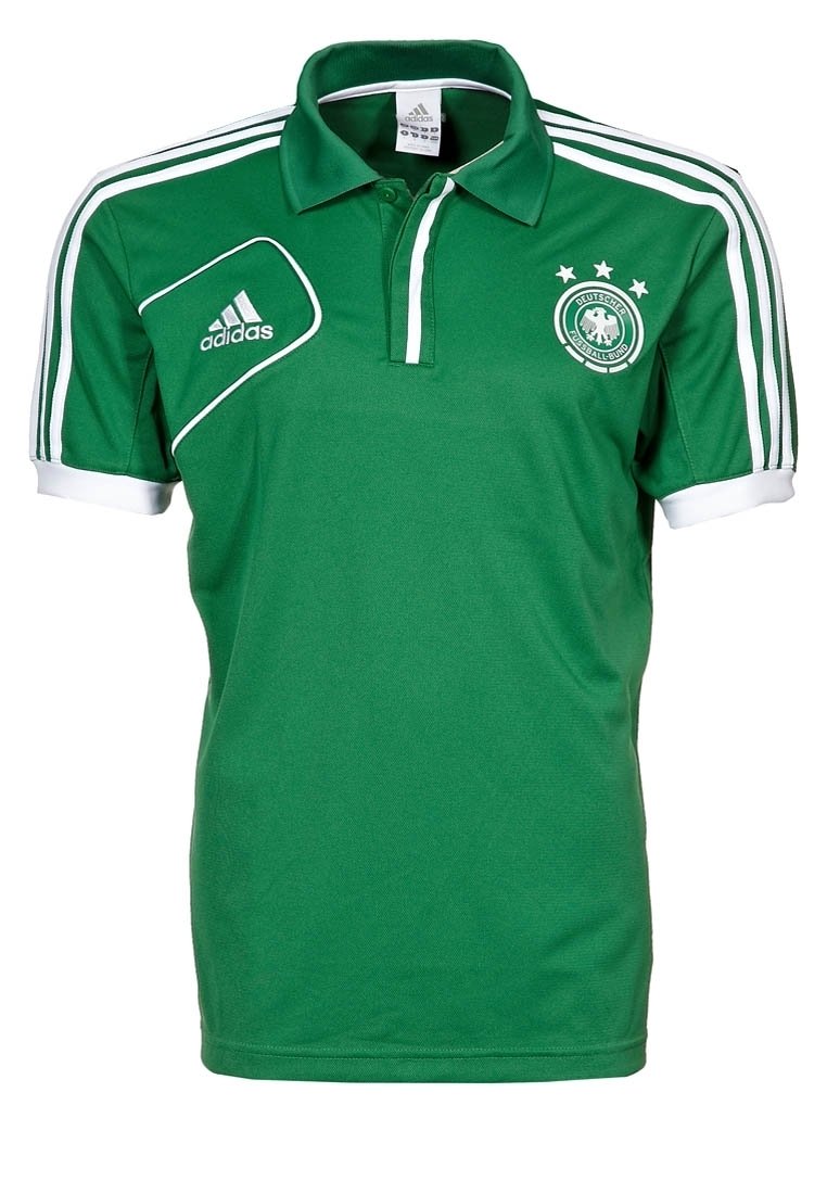 Polo Adidas vert avec accents blancs, trois étoiles au-dessus de l'emblème et manches rayées. Confectionné dans un tissu léger et respirant.