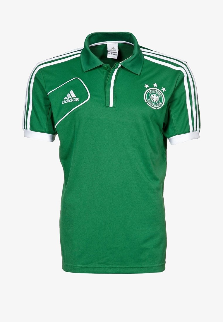 Polo Adidas vert avec accents blancs, trois étoiles au-dessus de l'emblème et manches rayées. Confectionné dans un tissu léger et respirant.