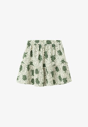 Zelena i bijela suknja s cvjetnim uzorkom u slojevima, s elastičnim pojasom i volanom na rubu.