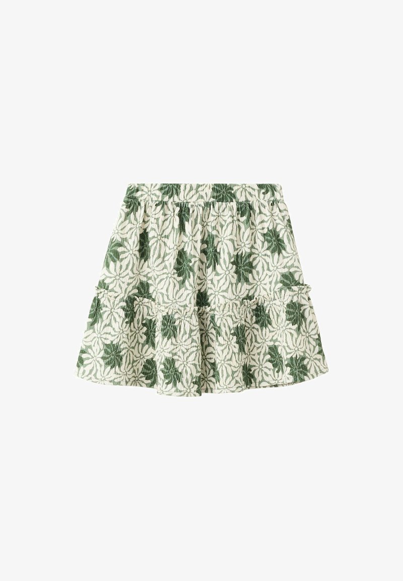 Jupe à volants à motifs floraux verts et blancs avec taille élastique et ourlet froncé.