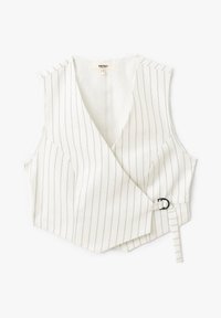 Weißes Oberteil mit vertikalen grauen Streifen, V-Ausschnitt, ärmellos und seitlichem Schnallendetail. Glattes Material mit taillierter Passform.