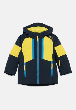Chaqueta de invierno con capucha para niños en azul marino y amarillo, con cremallera frontal, bolsillos laterales con cremallera y puños ajustables.