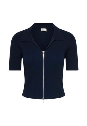 Marineblå kortærmet ribstrikket top med bred krave og lynlås foran. Materialet ser glat ud med en let glans i teksturen.