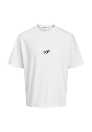 Hvid kortærmet t-shirt med et lille sort abstrakt stjernelogo centreret på brystet og rund halsudskæring.