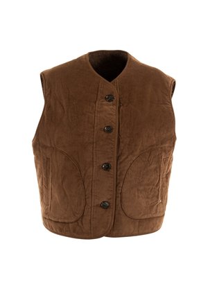 Chaleco de pana marrón con cuello redondeado, seis botones y dos grandes bolsillos frontales. Textura suave con detalles de costura.