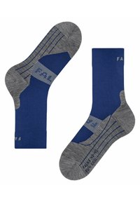 Blå och grå strumpor med ribbad textur, med ett randigt mönster och förstärkta häl- och tåpartier. Storlek och varumärkesetikett synliga.