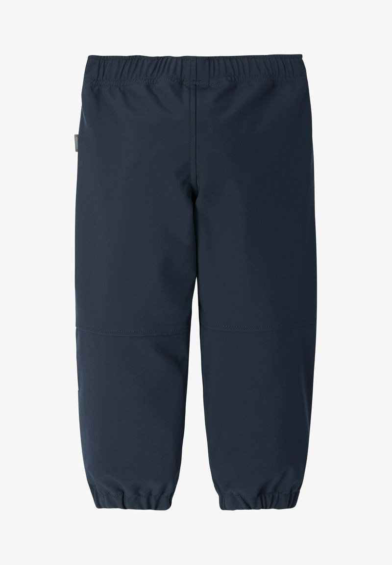 Marine vanntette bukser med elastisk midje, avsmalnede ankler og glatt tekstur. Har et rent design uten synlige mønstre eller detaljer.