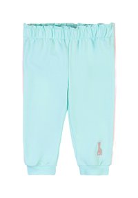 Pantaloni sportivi azzurri chiari con cintura elastica, polsini e strisce laterali rosa. Presenta un piccolo logo di giraffa ricamato sulla parte inferiore della gamba.