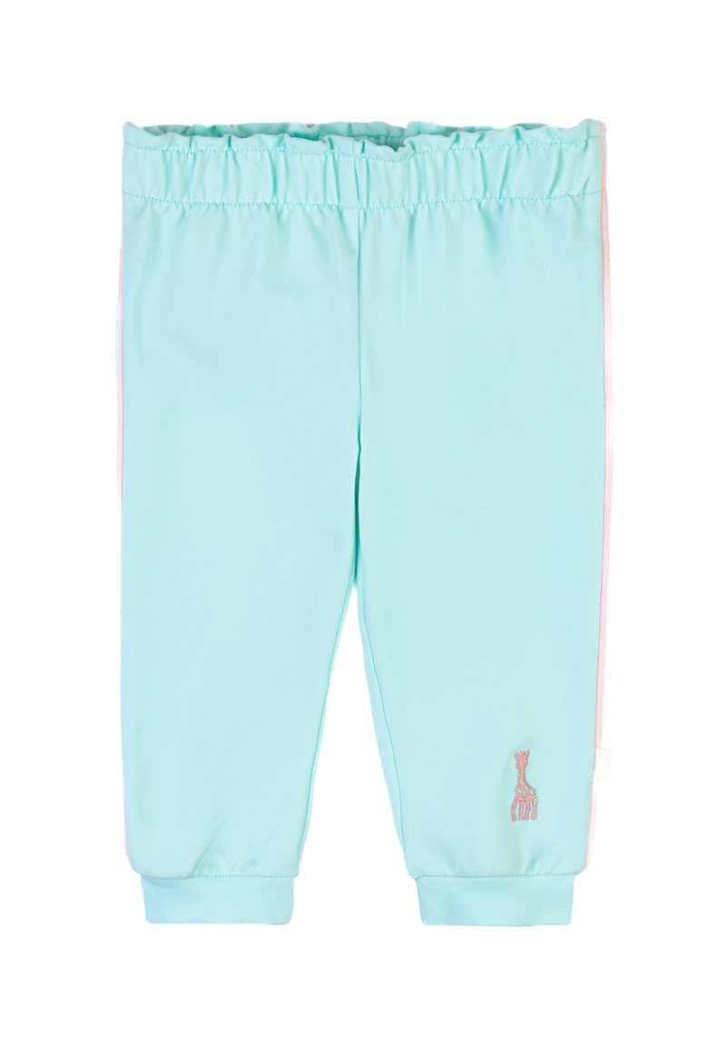 Pantaloni sportivi azzurri chiari con cintura elastica, polsini e strisce laterali rosa. Presenta un piccolo logo di giraffa ricamato sulla parte inferiore della gamba.