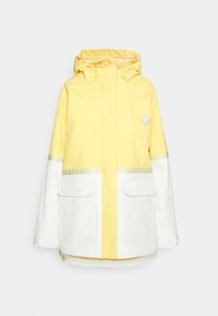Gelbe und weiße wasserdichte Jacke mit Kapuze, zwei Fronttaschen, einem reflektierenden Streifen und einem lässigen Schnitt.