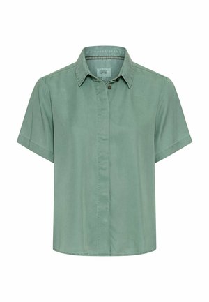 Short-sleeve, light green button-up shirt with a collar and concealed front buttons, displayed on a plain white background.