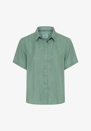 Short-sleeve, light green button-up shirt with a collar and concealed front buttons, displayed on a plain white background.